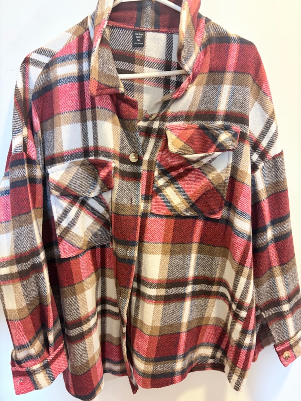 SHEIN Plaid Shacket in Burgundy, Brown & Cream